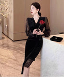 膝丈ドレス キャバドレス エレガント 気質 レース 高級感 Vネック セクシー XH2-ZED889932GT415