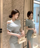 ロングドレスニットドレスワンショルダーセクシーエレガント通勤セクシー気質XH2-XKD-D318A-6340-Jun7