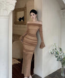 ロングドレス チュール エレガント セレブ風 オフショルダー 気質 宴会 パーティー 高級感 キラキラ XH2-ZED88655DXH346A