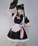 【5点セット】バストハートカットメイドデザインフレアスカートプチプラガーリーチャイナドレス  (チャイナ服/髪飾り/リボン×2/エプロン)XH2-FMS-T023