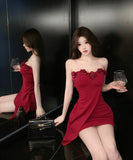 ミニドレス キャバドレス ベアトップ セクシー 非対称 パーティー フラワー 谷間見せ 指名 XH2-DD5056