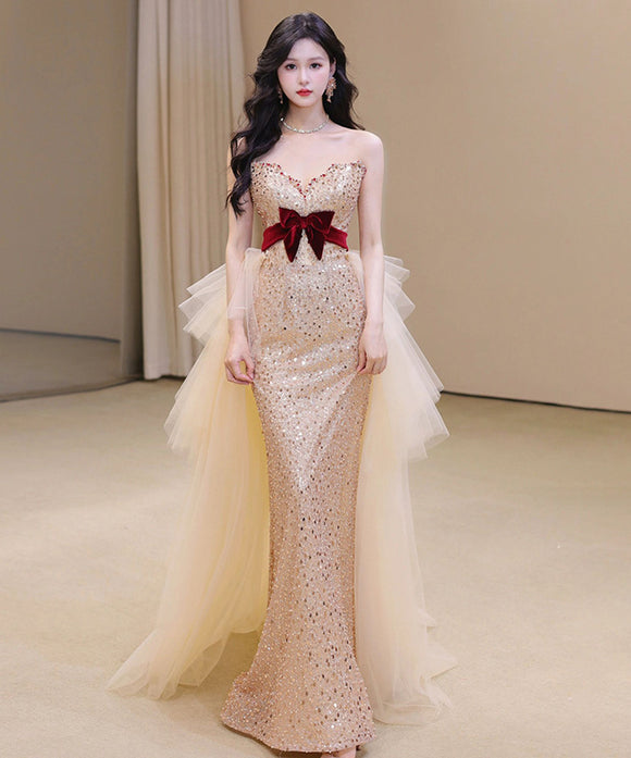 手作り ロングドレス ナイトドレス 宴会 キラキラ ベアトップ 誕生日 演奏会 XH2-TSZY0706