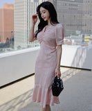 膝丈ドレス エレガント フリル パフスリーブ Vネック 大人可愛い セクシー XH2-ZED885753A71