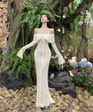 ロングドレスオフショルダーレースセクシーエレガントフリル着痩せ長袖おしゃれXH2-CD1-119-96610820