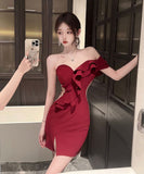 【2色】ミニドレス キャバドレス 谷間魅せ 指名 非対称 ベアトップ XH2-DD5656