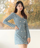 ツイードドレス セレブ風 高級感 千鳥格子 エレガント 着痩せ 気質 韓国っぽ XH2-ZED88383A71