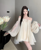 ミニドレス チュール エレガント オフショルダー リボン Aライン 着痩せ 気質 XH2-CD7-328-62130630