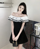 ミニドレス オフショルダー フリル 大人可愛い 着瘦せ 同伴 気質 XH2-ZED882688GT535