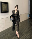 【3色】膝丈ドレス レースドレス 谷間見せ セクシー エレガント 女子力 袖付き 気質 XH2-XKD-D529-6616-Nov28