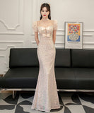 ロングドレス ナイトドレス 宴会 Party パフスリーブ リボン キラキラ 誕生日 演奏会 XH2-MBYD7-11