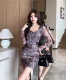 ミニドレス 花柄 セクシー スクエアネック エレガント 袖付き XH2-DD5208