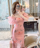 【手作り】ロングドレス ロマンティック風 花柄 パフスリーブ 小顔効果 フリル 大人可愛い XH2-JY10589