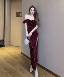 【2色】ロングドレス ベアトップ キラキラ 谷間見せ セクシー 宴会 ナイトドレス 美足効果 XH2-YM9176