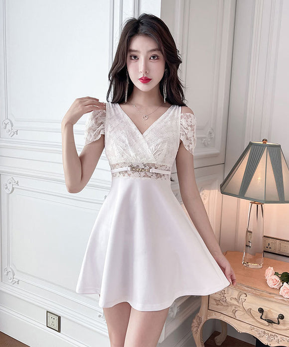 【2色】ミニドレス キャバドレス Aライン レース 谷間見せ 指名 気質 セクシー 大人可愛い XH2-JX5061