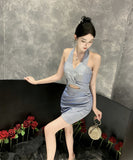 【2色】ミニドレス キャバドレス 谷間魅せ セクシー Vネック キラキラ パーティー XH2-DD4774