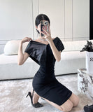 膝丈ドレス エレガント 水玉柄 オフショルダー パーティー おしゃれ セクシー XH2-ZED885446DXH449