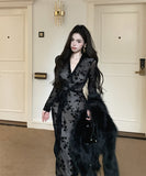 膝丈ドレス セクシー セレブ風 レース Vネック 小顔 エレガント チュール 高級感 XH2-MXX7332