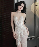 ロングドレス 刺繡 セクシー キラキラ 誕生日 パーティードレス お姫様 演奏会 宴会 XH2-YFTK0165