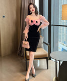 手作り 膝丈ドレス エレガント スクエアネック セレブ風 ローズ チュール 高級感 XH2-JY9707