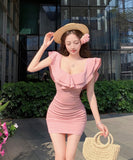 ミニドレス フリル カワセクシー タイトドレス 谷間見せ 女子力 おしゃれ XH2-MXX2856