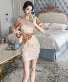 手作り ミニドレス エレガント セレブ風 パフスリーブ カワセクシー 高級感 宴会 リボン フラワー XH2-JY40328