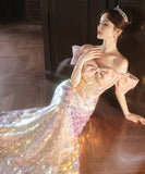 ロングドレス 誕生日パーティー キラキラ 人魚姫 リボン オフショルダー 演奏会 宴会 XH2-WS-P108