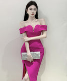 膝丈ドレスセクシーオフショルダー谷間見せエレガントキャバドレスXH2-WDS1857