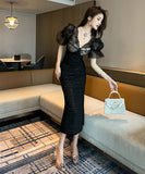 キャバドレス セクシー 手作り レース 高品質 パフスリーブ 二次会 XH2-JY20348