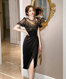 【手作り】膝丈ドレス 高品質 パフスリーブ エレガント 気質 セクシー XH2-JY40062