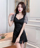 【2色】ミニドレス レース キャバドレス パフスリーブ 大人可愛い 谷間見せ セクシー タイトドレス XH2-JX5100