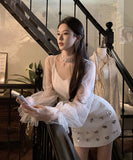 【2点セット】minidress キャバドレス キラキラ 高級感 セレブ風 パフスリーブ Vネック Sweet 通勤 XH2-DD7664