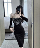 膝丈ドレス キャバドレス キラキラ 気質 ベアトップ セクシー 着瘦せ XH2-DD5333