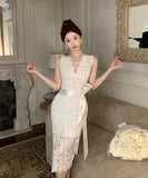 キャバドレス 膝丈ドレス レース Vネック 小顔効果 セクシー 気質 エレガント XH2-ZED888355DXH238A