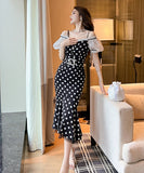 手作り 膝丈ドレス 水玉柄 オフショルダー フリル エレガント 気質 宴会 XH2‐JY50225