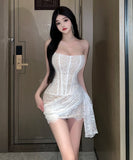 【2色】ミニドレスベアトップキャバドレスレース非対称セクシー肌見せ指名谷間見せパーティーXH2-DD4245