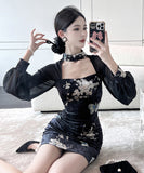 ミニドレス エレガント 気質 セクシー 着瘦せ 袖付き 花柄 XH2-LQE3101H349T