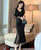 手作り 膝丈ドレス レース セクシー Vネック 谷間魅せ 宴会 マーメイド エレガント 気質 XH2-JY20679