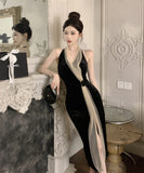 【2色】ロングドレス 宴会 スリット 非対称 ホルターネック エレガント 気質 キャバクラ XH2-ZED886041DXH348