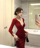 ロングドレス マーメイドドレス セクシー エレガント 袖付き 気質 着痩せ chic 女子力 XH2-ZED886339DXH348A