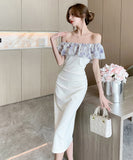 膝丈ドレス オフショルダー フリル 気質 エレガント 通勤 着痩せ おしゃれ XH2-DD4479