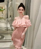 【2色】ミニドレス タイトドレス sexy オフショルダー フリル 大人可愛い XH2-JW9621GT347