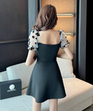 ミニドレス レース キャバドレス パフスリーブ 大人可愛い 谷間見せ セクシー タイトドレス XH2-JX3996