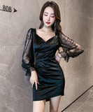 ミニドレス レース キャバドレス パフスリーブ 大人可愛い 谷間見せ セクシー タイトドレス XH2-JX3693