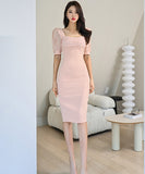 膝丈ドレス セクシー キャバドレス スクエアネック パフスリーブ 谷間魅せ 小顔効果 XH2-ZED886627BH506