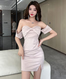 【3色】ミニドレス キャバドレス ベアトップ カワセクシー 指名 谷間見せ リボン タイトドレス XH2-DD7538