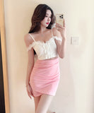 【black&pink】ミニドレス キャバドレス 非対称 谷間魅せ 指名 レース XH2-DD4549