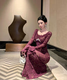 ロングドレス レース マーメイド エレガント 気質 宴会 袖付き XH2-ZED888538DXH238A