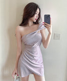 【blue&pink】ミニドレス キャバドレス セクシー キラキラ Party ワンショルダー XH2-DD4737