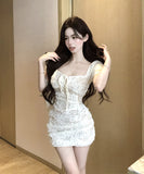 ミニドレス タイトドレス パフスリーブ カワセクシー フラワー unique 女子力 パーティー XH2-ZED881730DXH437