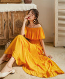 【3色】サンドレス ビーチ 旅行 ロングドレス フリル オフショルダー 大人可愛い XH2-XHY918885